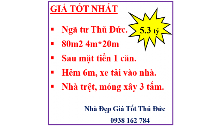 Bán nhà gấp-80m2 -Ngay ngã tư Thủ Đức- Hẻm xe tải- Cách MT một căn- Giá giảm còn 5.3 tỷ